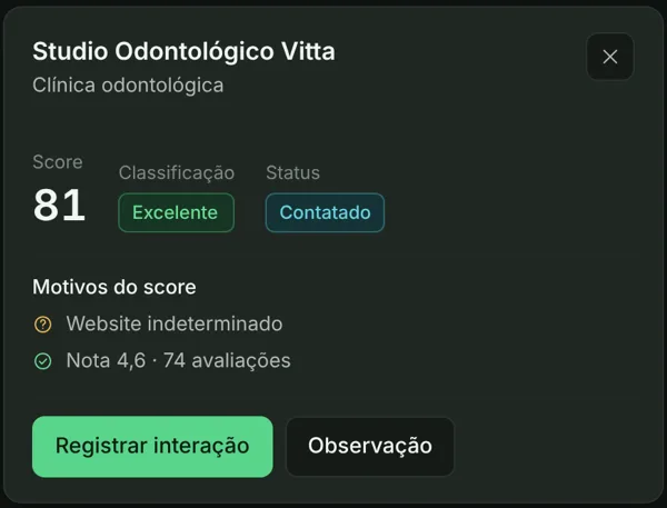 Detalhe da interface do Prospectar